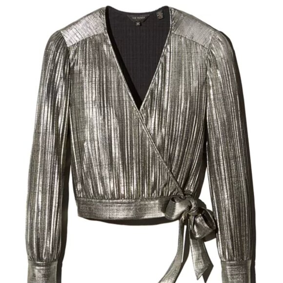 Ted Baker Wrap Top Size 5 (US 10-12) Elwiira Metallic Gold Shimmer long sleeve - Picture 1 of 7